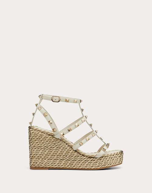 Valentino Garavani - Rockstud Calfskin Wedge Sandal With Straps 95 Mm - Light Ivory - Woman - Espadrilles And Wedges