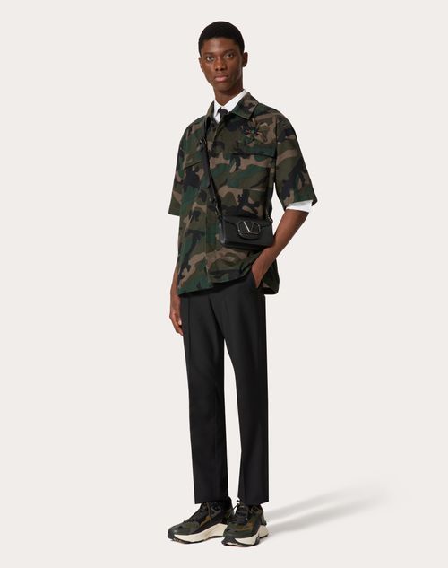 Valentino - Camisa Manga Corta De Algodón Con Estampado Camouflage Y Bordado Camouflower - Camuflado Verde - Hombre - Ropa