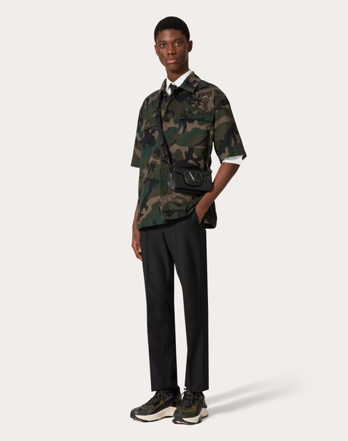 Valentino - Chemise En Coton À Manches Courtes Avec Imprimé Camouflage Et Broderie Camouflower - Camo Vert Militaire - Homme - Prêt-à-porter