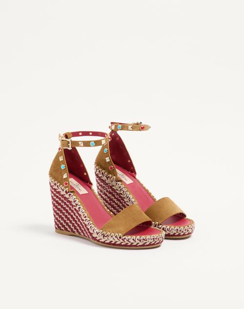 Valentino Garavani - Rockstud Double Wedge Sandal In Split Leather With Cabochon Stones 105mm - Havana Beige - Woman - Espadrilles And Wedges