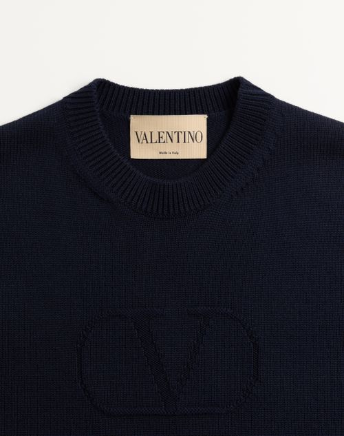 Valentino - Valentino Wool Sweater With Tone-on-tone Vlogo Signature Embroidery - Navy - Man - Knitwear