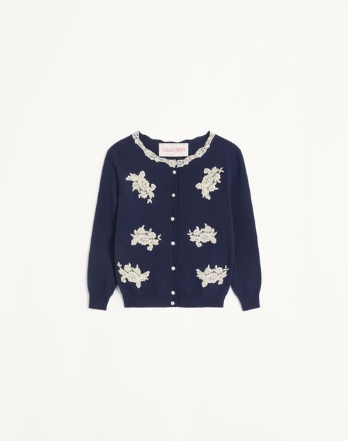 Valentino - Embroidered Cardigan With Lace Inserts - Blue/ivory - Woman - Knitwear