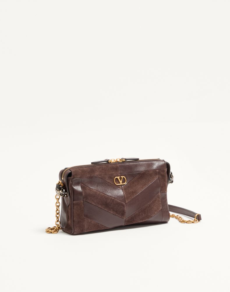 Valentino Garavani Panthea Small Shoulder Bag In Suede And Nappa With Chevron Pattern Woman Ebony Uni