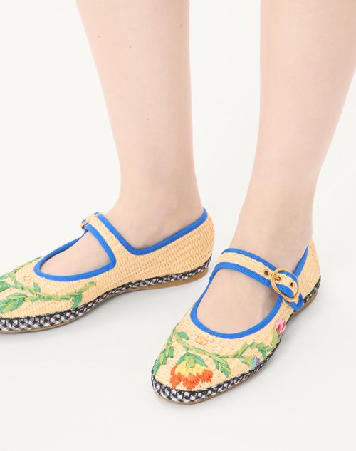 Valentino Garavani - Mary-jane Endouce Ballerina In Raffia With Floral Embroidery - Natural/multicolor - Woman - Ballerinas
