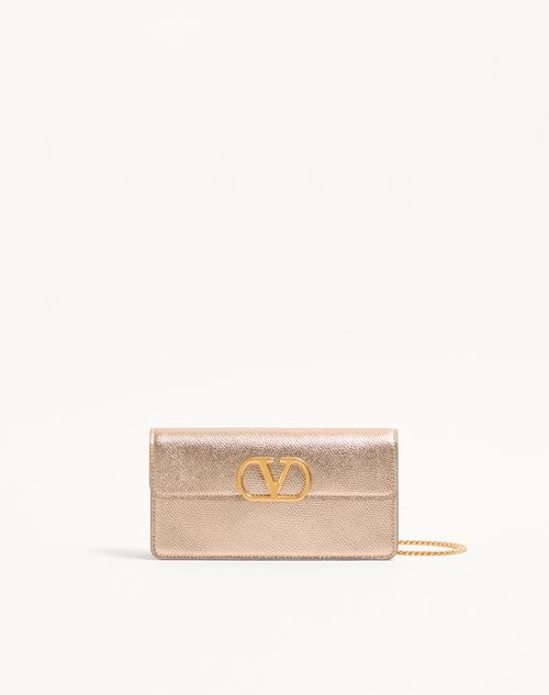 Valentino Garavani - Vlogo Signature Laminated Grainy Calfskin Wallet With Chain - Champagne - Woman - Clutches
