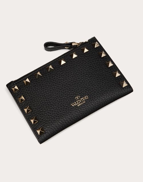 Rockstud Grainy Calfskin Cardholder With Zipper for Woman in