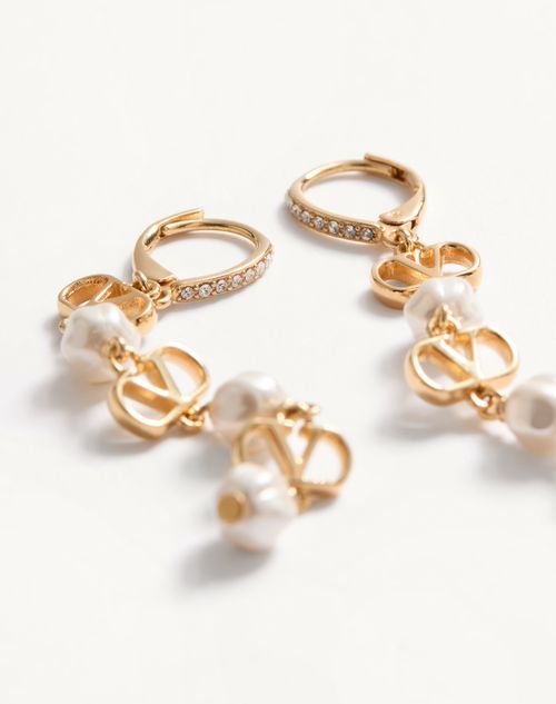 Valentino Garavani - Pendientes Vlogo Signature En Metal, Cuentas De Vidrio Y Cristales Swarovski® - Oro/crema/cristal - Mujer - Joyas