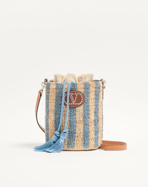 Valentino Garavani - Valentino Garavani Small Striped Raffia Bucket Bag - Natural/azure - Woman - Shoulder Bags