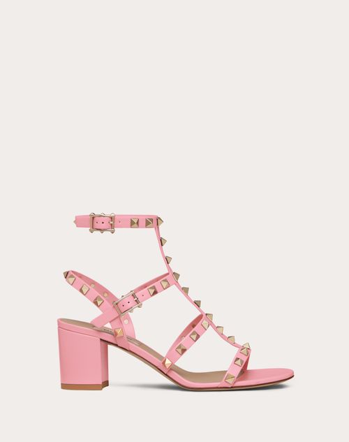 Rockstud Flatform Sandal 45mm In Rose Pink Calfskin And Raffia 102846