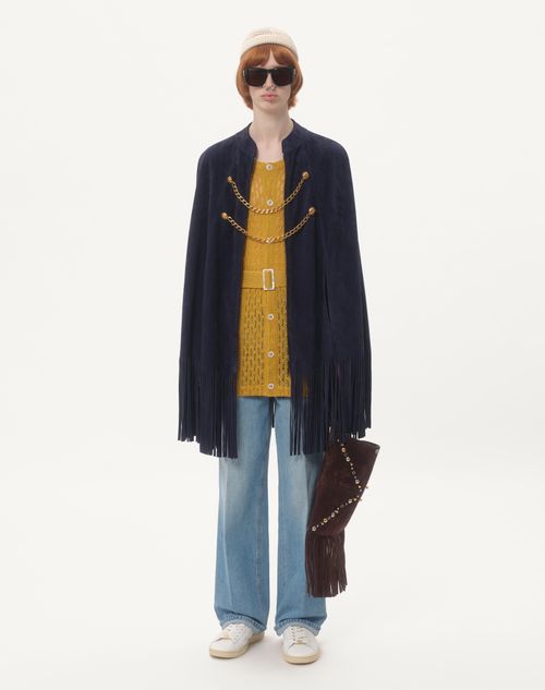 Valentino - Suede Cape With Fringes - Navy - Man - New Arrivals