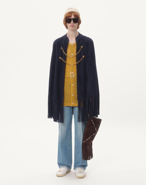 Valentino - Suede Cape With Fringes - Navy - Man - Coats And Blazers