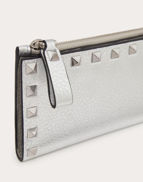 Valentino Garavani - Rockstud Grainy Metallic Calfskin Card Holder With Zip - Silver - Woman - Wallets And Small Leather Goods