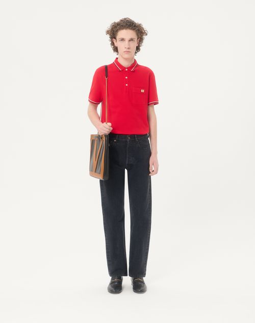 Valentino - Cotton Piqué Polo Shirt With Vlogo Patch - Red - Man - T-shirts And Sweatshirts