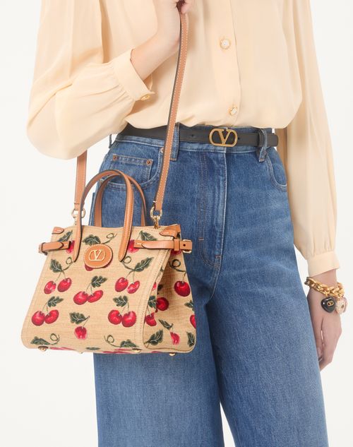 Valentino Garavani - Valentino Garavani Antibes Small Shopping Bag In Jacquard Raffia With Cherryfic Pattern - Natural/red - Woman - Totes