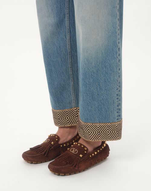 Valentino Garavani - Fastaway Driver Loafer In Crust Leather With Fringes - Bark Brown - Man - Loafers And Driver