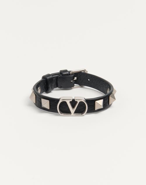 Valentino Garavani - Pulsera Vlogo Signature De Cuero Graneado De Becerro - Negro - Hombre - Jewels - M Accesories