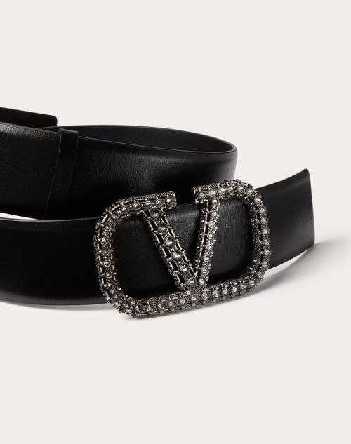 Valentino Garavani - Cinturón De 40 mm De Cuero De Becerro Brilloso Con El Vlogo Signature - Negro - Mujer - Cinturones