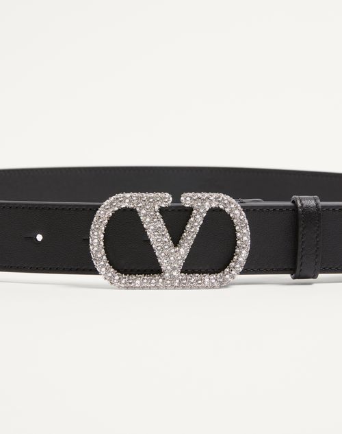 Valentino Garavani - Vlogo Signature Belt In Shiny Calfskin With Crystals 30 Mm - Black - Woman - Belts