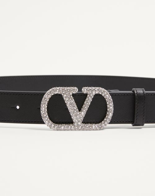 Valentino Garavani - Vlogo Signature Belt In Shiny Calfskin With Crystals 30 Mm - Black - Woman - Belts