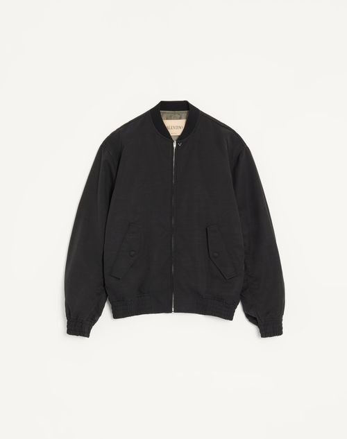 Valentino - Valentino Bomber Jacket In Viscose And Cotton Cannetté With Metallic V Detail - Black - Man - Outerwear