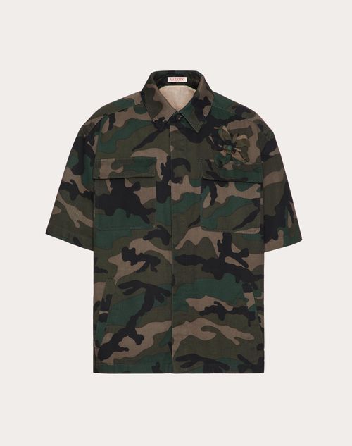 Valentino - Camicia Manica Corta In Cotone Con Stampa Camouflage E Ricamo Camouflower - Camou Army - Uomo - Camicie