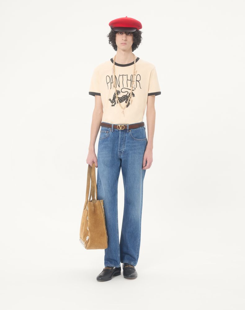 Valentino Cotton T-Shirt With Panther Print Man Butter/Black M
