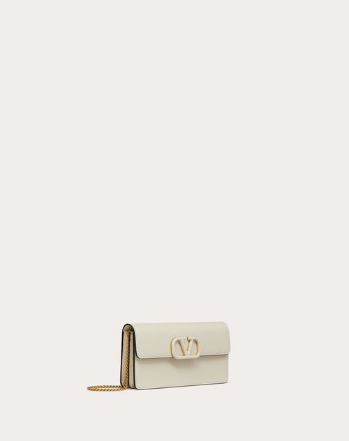 V Logo Signature Leather Chain Wallet in Black - Valentino