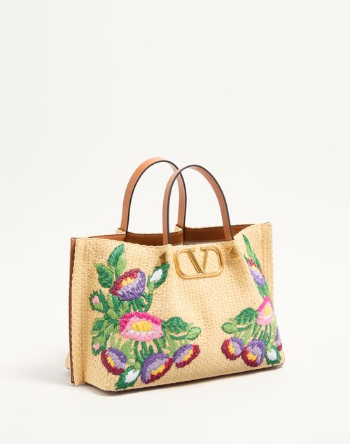 Valentino Garavani - Medium Shopping Bag In Synthetic Raffia With Floral Embroidery - Natural/multicolour - Woman - Summer Totes - Bags (vlogo Totes/signature)