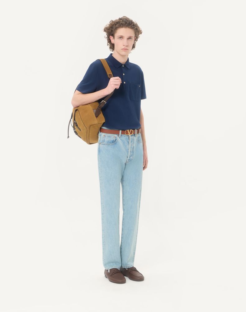 Valentino Polo Shirt In Cotton Piquet With Vgold Man Blue Xs