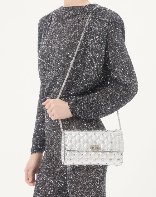 Valentino Garavani - Valentino Garavani Rockstud Spike Shoulder Bag In Laminated Nappa Leather With Cabochon Stones - Silver/crystal - Woman - Clutches