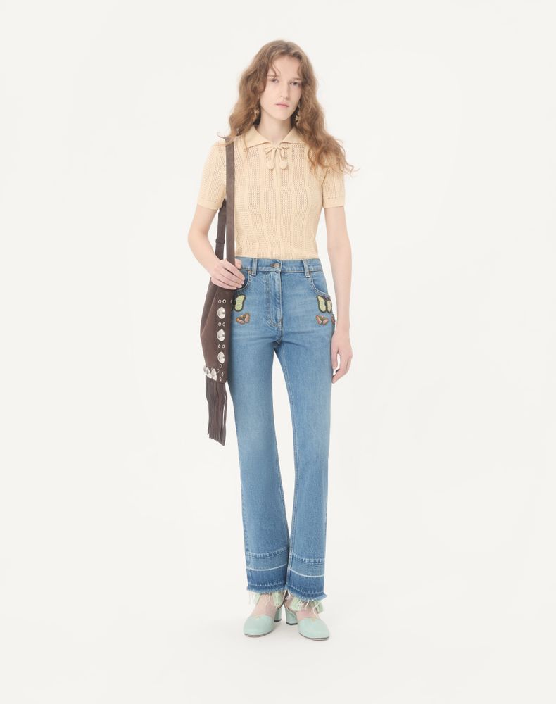 Valentino Embroidered Cotton Knit Polo Woman Ivory Xs