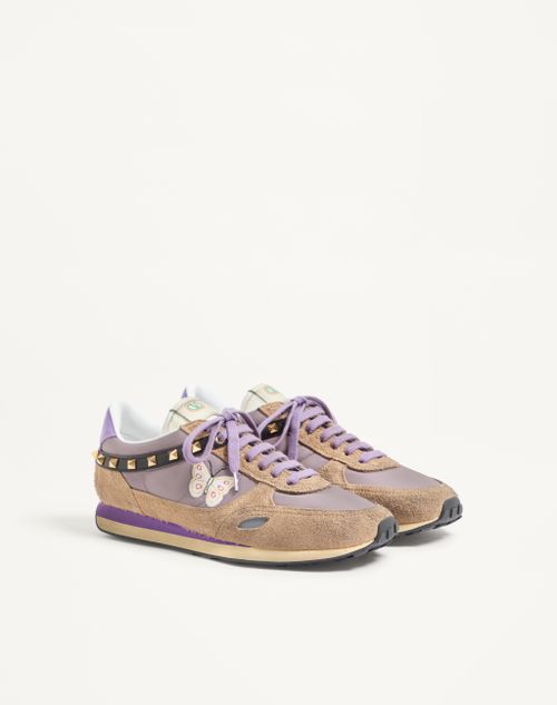 Valentino Garavani - Stud Up Sneaker In Split Leather And Nylon With Butterfly Embroidery - Lilac/multicolor - Man - Sneakers