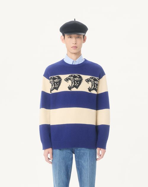 Valentino - Valentino Wool Sweater With Jacquard Panther Pattern - Indigo/butter - Man - Knitwear