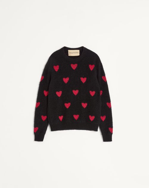 Valentino - Pullover Aus Mohairwolle Und Lurex Mit Herz-jacquardmuster - Schwarz/ Rot - Mann - Strickwaren