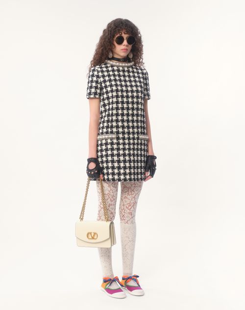 Embroidered Damier Light Tweed Short Dress for Woman in Embroidered Damier Light Tweed Short Dress for Woman in