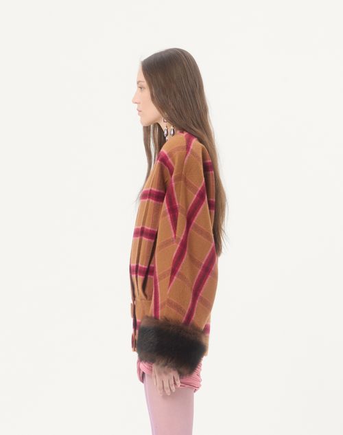 Valentino - Peacoat In Macro Finestra With Shearling - Biscuit/cherry Red - Woman - Jackets And Blazers