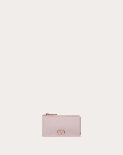 Valentino Garavani - Valentino Garavani Leather Toile Iconographe Calfskin Cardholder With Zip - Water Lilac - Woman - Wallets And Small Leather Goods