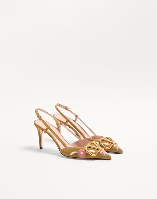 Valentino Garavani - Vlogo Signature Slingback Pump In Crust Leather With Floral Embroidery 80mm - Havana Beige - Woman - Pumps