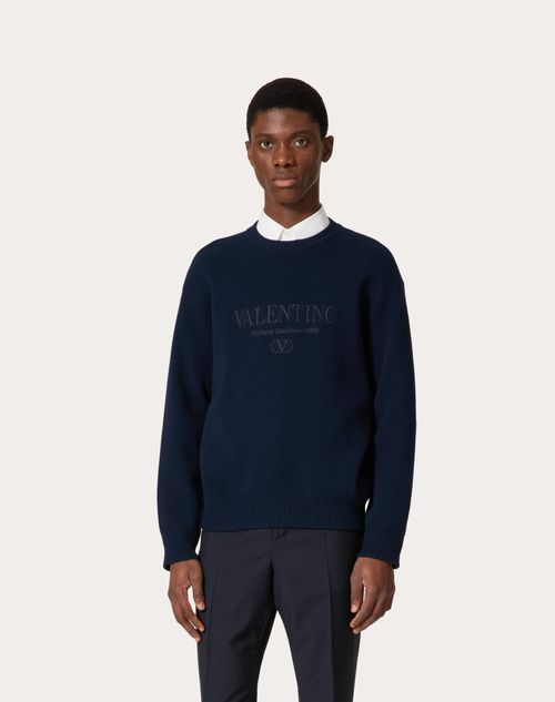 Crewneck Wool Jumper With Valentino Embroidery for Man in Navy Valentino GB