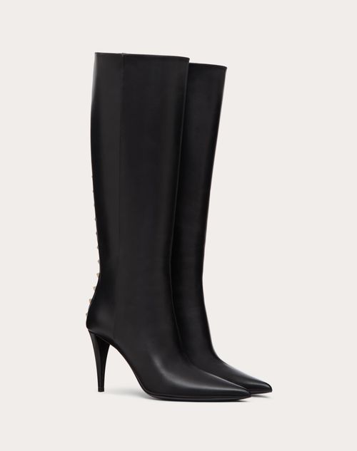 Valentino Garavani - Bota Rockstud De Cuero De Becerro Con Tacón De 90 mm - Negro - Mujer - Botas