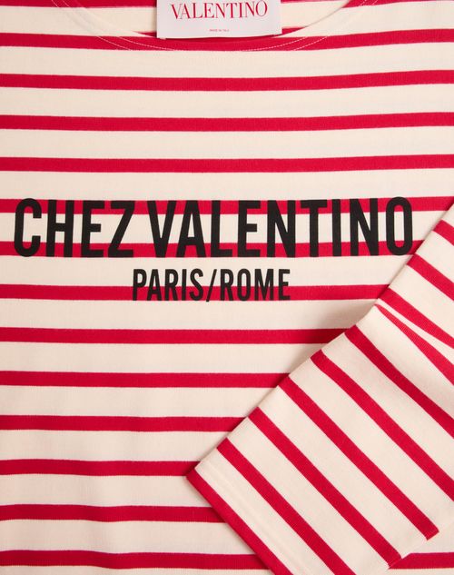 Valentino - Long-sleeved Cotton T-shirt With Chez Valentino Print - Butter/red - Man - Tshirts And Sweatshirts