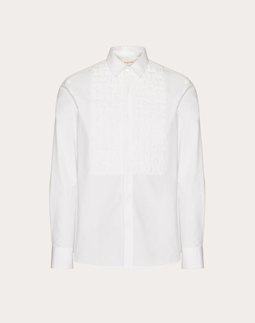 Valentino - Camisa De Popelina De Algodón Con Plastrón Bordado - Blanco - Hombre - Rebajas Ready To Wear Para Hombre