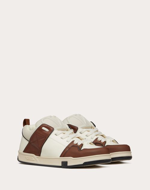 Valentino Garavani - Open Skate Calfskin And Fabric Sneaker - Ivory/chocolate Brown - Man - Man Sale