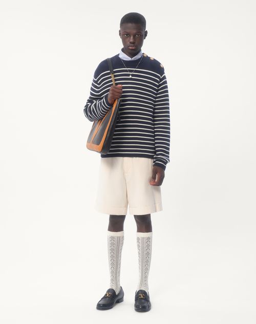 Valentino - Striped Cotton Crewneck Jumper With Buttons On The Shoulder - Indigo/butter - Man - Knitwear