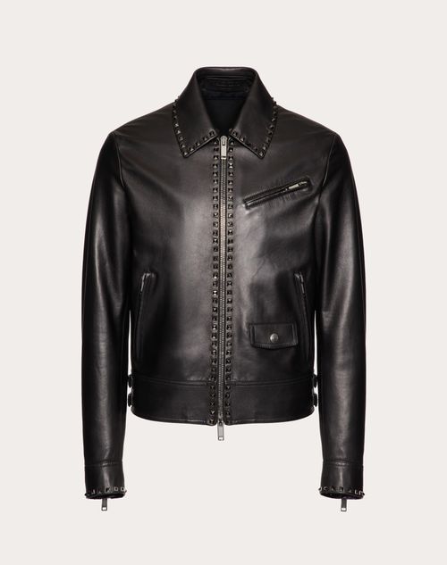 Valentino - Leather Jacket With Black Untitled Studs - Black - Man - Outerwear