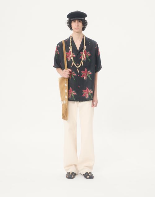 Valentino - Valentino Bowlinghemd Aus Leinen Mit Papier Floral-print - Schwarz/ Rot - Mann - Hemden