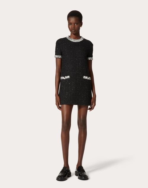 Valentino Embroidered Glaze Tweed Short Dress Woman Black/Silver 36