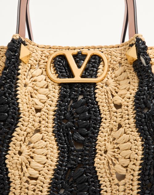 Valentino Garavani - Valentino Garavani Medium Raffia Shopping Bag With Wave Motif. - Natural/black - Woman - Totes
