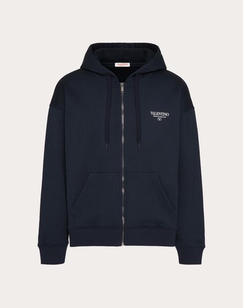 Valentino - Cotton Sweatshirt With Hood, Zipper And Valentino Print - Navy/white - Man - T-shirts And Sweatshirts