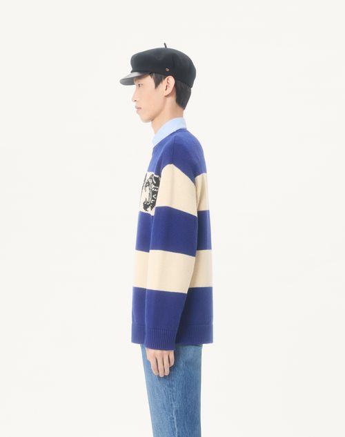 Valentino - Valentino Wool Sweater With Jacquard Panther Pattern - Indigo/butter - Man - Knitwear